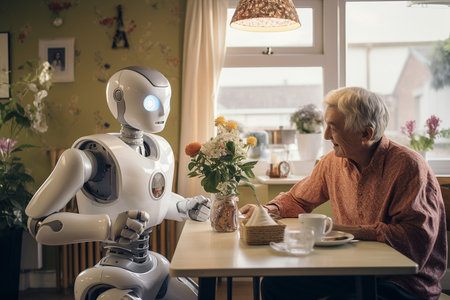 Elderly woman and her robot having breakfast in the kitchen.の素材