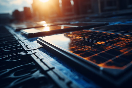 Solar panels installed on the roof of a building in the city.の素材