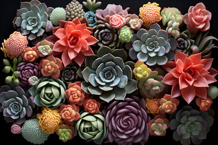 Colorful succulents on black background, top view, copy spaceの素材