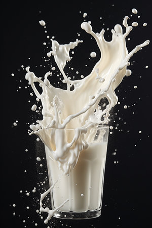 Splash of milk in a glass on a black background. Isolatedの素材