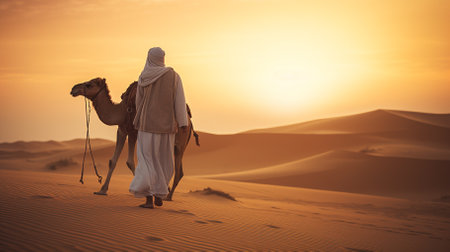 Arabian man with camel in the desert at sunset. Travel conceptの素材