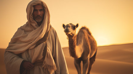 Handsome middle eastern man with camel in the desert at sunsetの素材