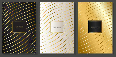 Luxury gold cover with frame. Metallic wavy stripes. Gold, platinum, black: vector collection for invitation, brochure template, elegant events.のイラスト素材