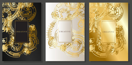 Luxury gold cover design. Structure of lines, golden gears on black, gold, platinum gradients. Elegant industrial style pattern.のイラスト素材