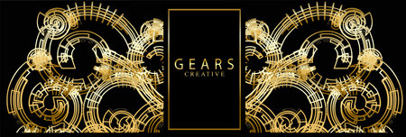 Luxury gold banner. Structure of lines, golden gears on black background. Elegant industrial style pattern with golden frame for logo.のイラスト素材
