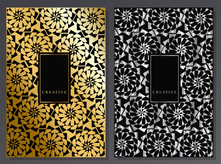 Gold and silver luxury brochure. Seamless geometric pattern, metallic effect. Vector cover design.のイラスト素材