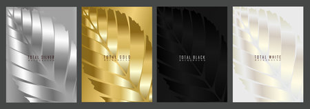 Set of elegant covers. Luxury platinum, gold, black and silver with leaf pattern, metallic or glossy effect. Fashionable brochures for events, invitations, postcards.のイラスト素材