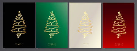 Stylized Christmas tree with glows of light. Gold tree symbol on elegant black, green, platinum and red background. Set of minimal holiday brochures.のイラスト素材