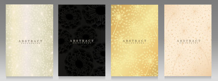 Dandelion cover set. Dandelion flowers silhouette on platinum, pink, black ang golden background. Variety elegant floral pattern.のイラスト素材