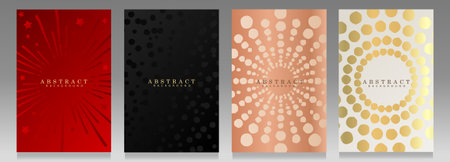 Floral cover set. Elegant design, botanical pattern, gradient shiny effect. Black, platinum and pink backgrounds with small silhouette flowers.のイラスト素材