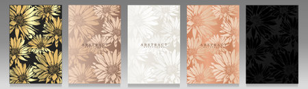 Floral cover set. Luxury botanical pattern, glossy and metallic effect. Black, gold, platinum and pink backgrounds for brochures, invitations, weddings, elegant celebrations.のイラスト素材