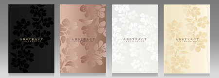 Floral cover set. Elegant design, botanical pattern, gradient shiny effect. Black, platinum and pink backgrounds with small silhouette flowers.のイラスト素材