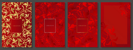 Red luxury cover design. Fashionable modern brochure, gold and glossy red seamless floral pattern.のイラスト素材