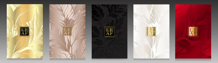 Luxury cover set, foliage design. Leaves pattern on shiny gradient background. Premium collection for invitation, menu, brochure, catalogue, elegant card, botanical packaging.のイラスト素材