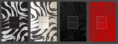 Luxury cover set, gold and silver zebra print. Abstract stripes, striation, metallic lines on a black, platinum and red background. Elegant invitations, flyers, fashionable brochuresのイラスト素材