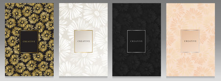 Elegant cover set with daisies. Luxurious floral pattern on black, gold, white and pink gradient.のイラスト素材