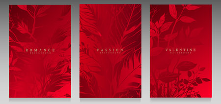 Red luxury cover set. Elegant floral pattern, twigs and foliage on gradient background. Total red modern collection.のイラスト素材