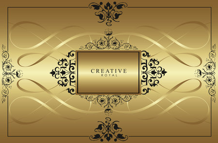 Gold and black royal design. Victorian decorations and golden ribbons on a bright metallic background.のイラスト素材