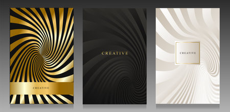 Elegant gold, black and white covers. Spiral metallic effect, abstract geometric: luxury vector pattern.のイラスト素材