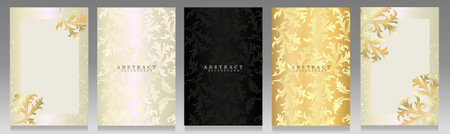 Luxury cover set design, leaves pattern. Platinum, black and golden color for elegant wedding invitation, brochure, ornamental packaging.のイラスト素材