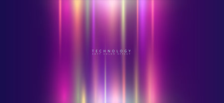 Abstract futuristic banner. Colorful neon lights effect. Glowing striped on purple and blue background.のイラスト素材