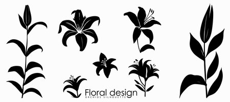 Elegant black orchid silhouettes on a white background. Minimalist floral vector illustration perfect for design, decor, pattern, nature, and botanical art projectsのイラスト素材