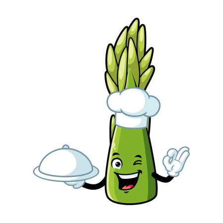 vector cartoon, character, and mascot of an asparagus holding tray cateringのイラスト素材