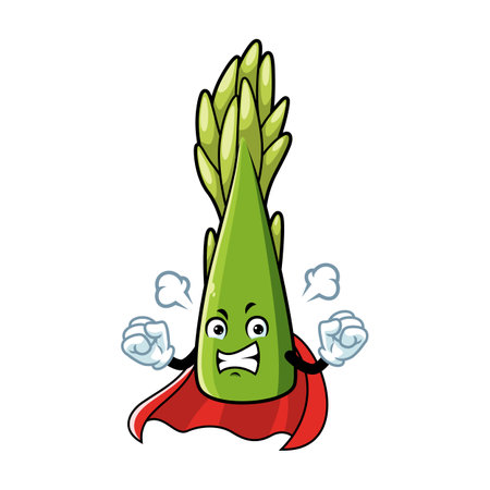 vector cartoon, character, and mascot of an asparagus superhero with angry expression faceのイラスト素材