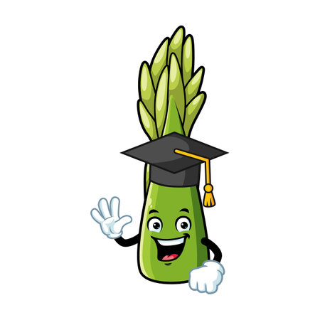 vector cartoon, character, and mascot of an asparagus wearing graduation hatのイラスト素材