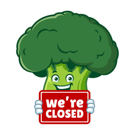 vector cartoon, character, and mascot of a broccoli holding closed signboardのイラスト素材