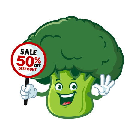 vector cartoon, character, and mascot of a broccoli holding discount signboardのイラスト素材