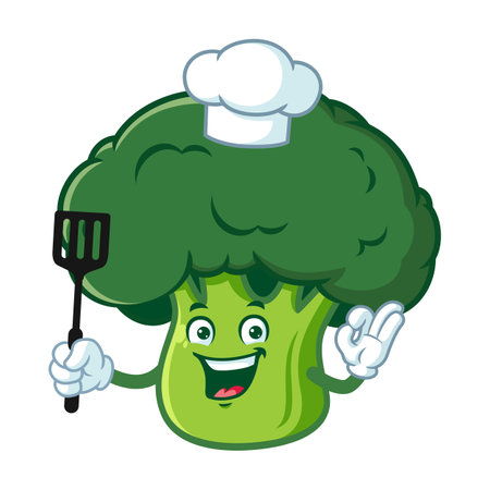 vector cartoon, character, and mascot of a broccoli holding spatulaのイラスト素材