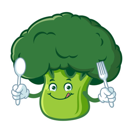 vector cartoon, character, and mascot of a broccoli holding spoon and forkのイラスト素材