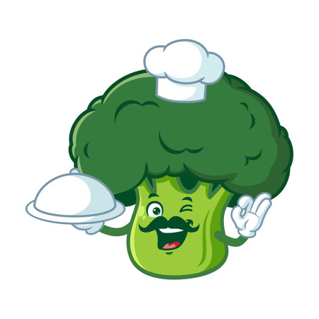vector cartoon, character, and mascot of a chef moustache broccoli holding tray cateringのイラスト素材