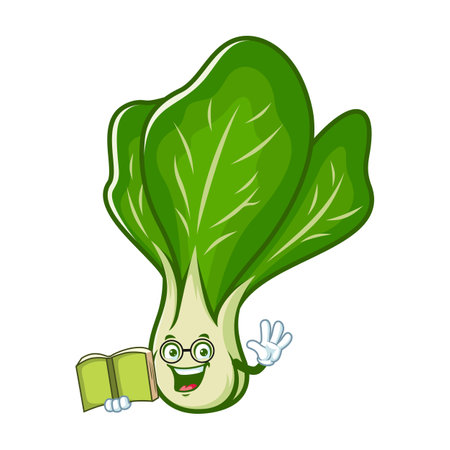 vector cartoon, character, and mascot of a mustard greens holding bookのイラスト素材