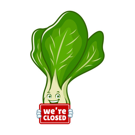 vector cartoon, character, and mascot of a mustard greens holding closed signboardのイラスト素材