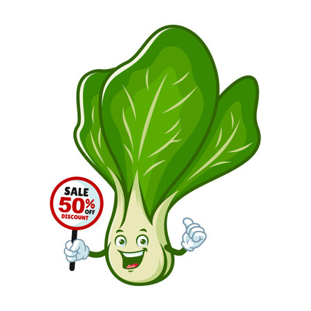 vector cartoon, character, and mascot of a mustard greens holding discount signboardのイラスト素材