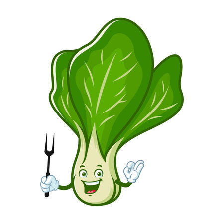 vector cartoon, character, and mascot of a mustard greens holding grilled forkのイラスト素材