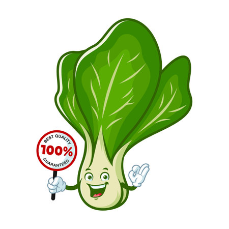 vector cartoon, character, and mascot of a mustard greens holding guaranteed signboardのイラスト素材