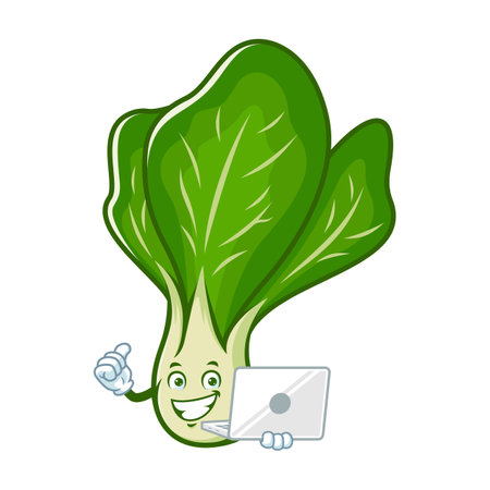 vector cartoon, character, and mascot of a mustard greens holding laptopのイラスト素材