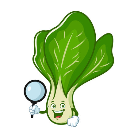 vector cartoon, character, and mascot of a mustard greens holding loupeのイラスト素材