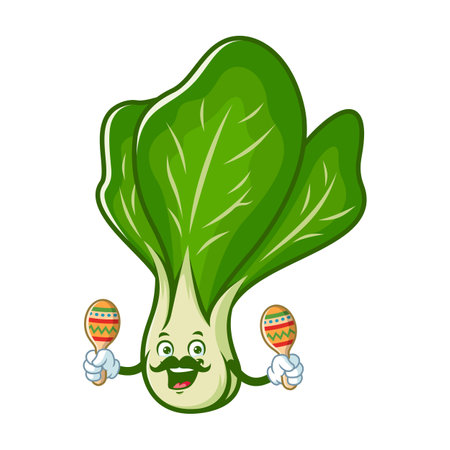 vector cartoon, character, and mascot of a mustard greens holding maracasのイラスト素材