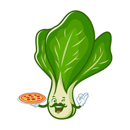 vector cartoon, character, and mascot of a mustard greens holding pizzaのイラスト素材