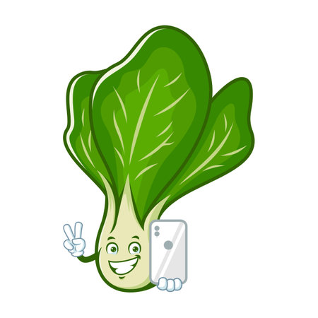 vector cartoon, character, and mascot of a mustard greens holding smartphoneのイラスト素材