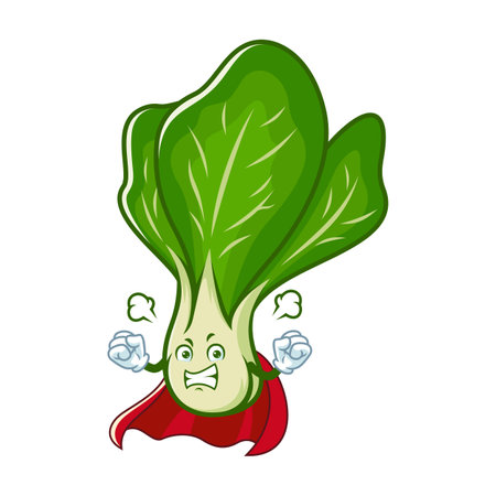 vector cartoon, character, and mascot of a mustard greens superhero with angry faceのイラスト素材