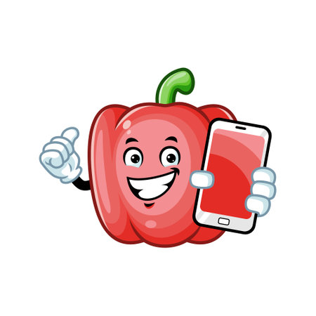 vector cartoon, character, and mascot of a red paprika holding smartphone.のイラスト素材