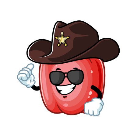 vector cartoon, character, and mascot of a red paprika wearing sheriff hat.のイラスト素材