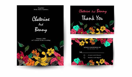 Wedding invitation, floral invite card design. Forest fern greenery geometric golden frame print. Garden flower pink Rose orange Anemone green leaves elegant and luxury layoutのイラスト素材