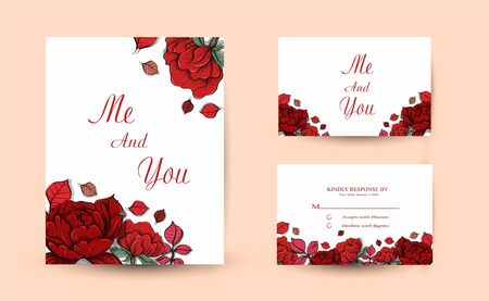 Wedding Invitation with wild flowers, leaves. Spring ornament concept. Floral poster, invite. Vector layout decorative greeting card design background. Hand drawn illustrationのイラスト素材