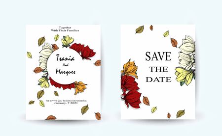 Wedding Invitation with wild flowers, leaves. Spring ornament concept. Floral poster, invite. Vector layout decorative greeting card design background. Hand drawn illustrationのイラスト素材